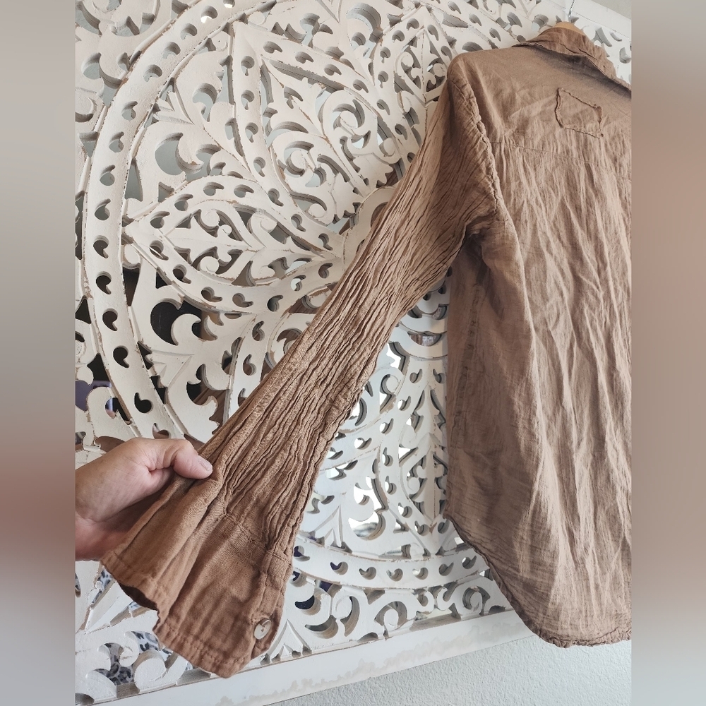 Q HOUSEBOF BASICS BROWN GAZE BLOUSE ORGANIC FRONT BUTTON UNISEX SMALL - Picture 11 of 13